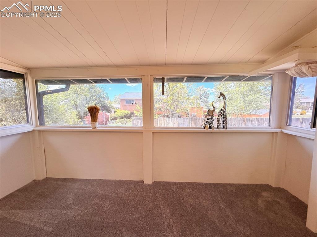 Image 30 of 50: Unfurnished sunroom with carpet