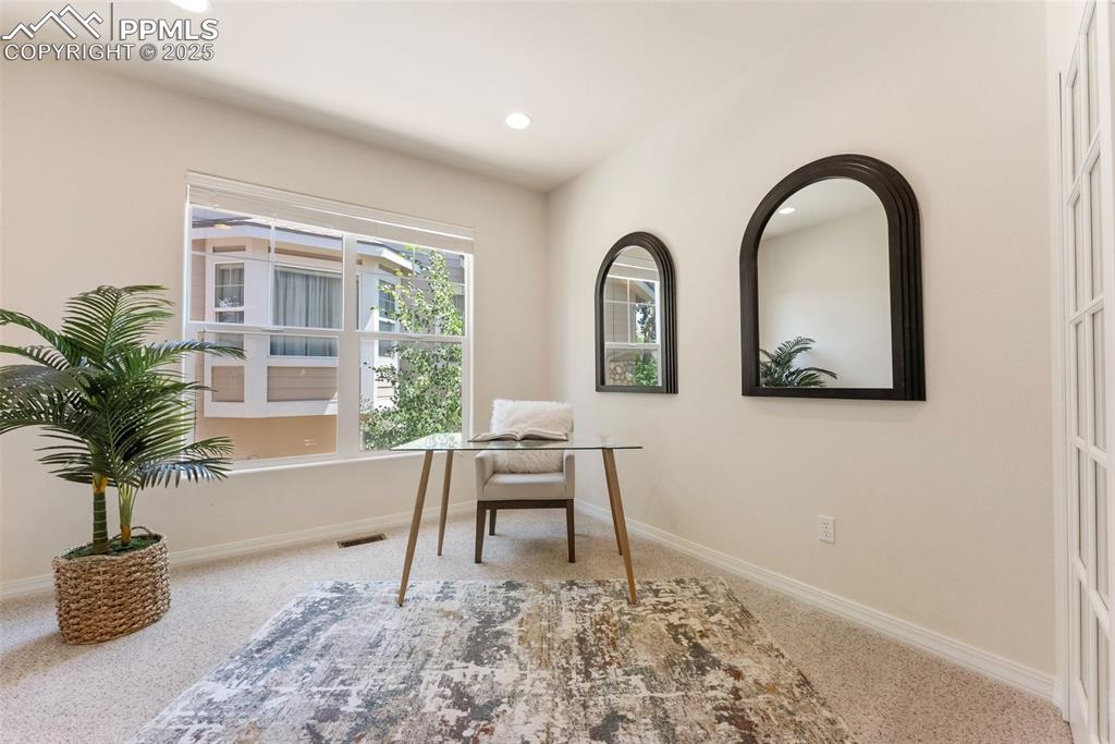 Image 15 of 48: Home office featuring carpet floors and recessed lighting