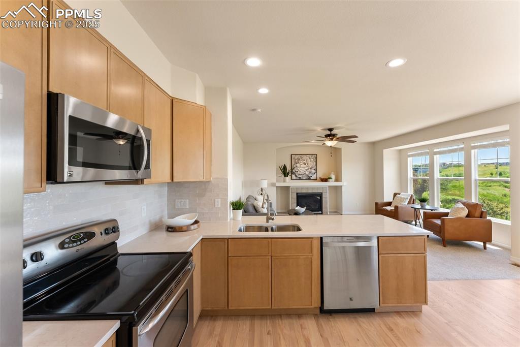 Image 18 of 48: Kitchen featuring stainless steel appliances, open floor plan, a peninsula,