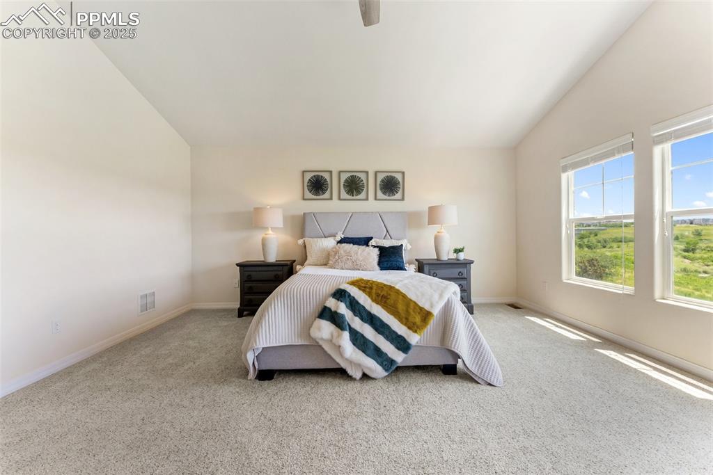 Image 26 of 48: Carpeted bedroom featuring lofted ceiling and ceiling fan