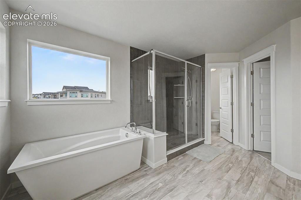 Image 26 of 45: The primary bath includes a water closet and access to a walk-in closet.