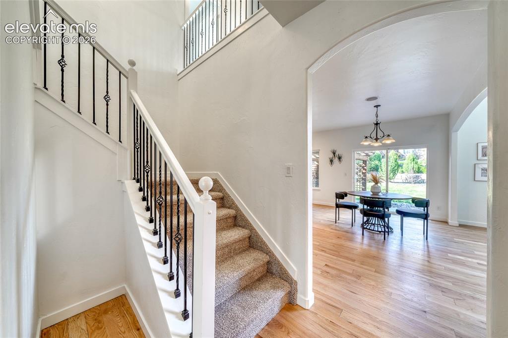 Image 12 of 49: Carpeted staircase with wrought iron balusters, arched entryway, hard surfa