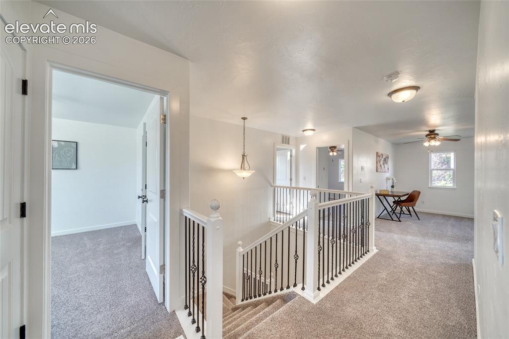 Image 22 of 49: Carpeted staircase with decorative metal balusters and white newel posts