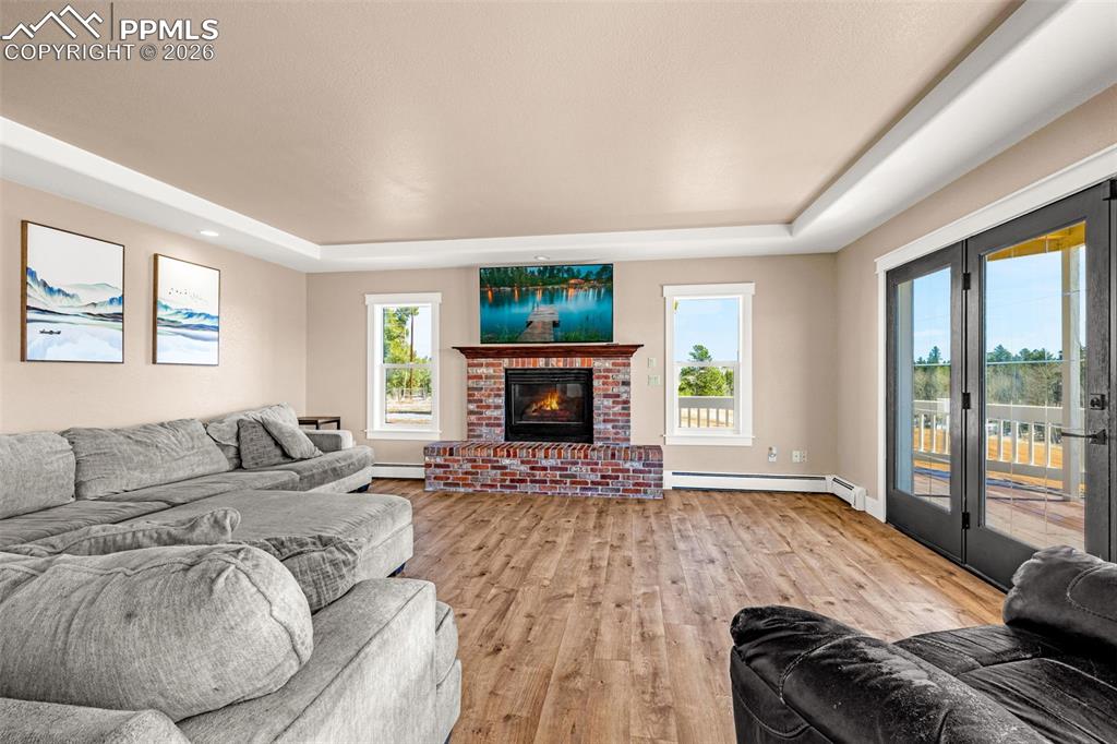 Image 9 of 48: Main level living room with fireplace and walk out