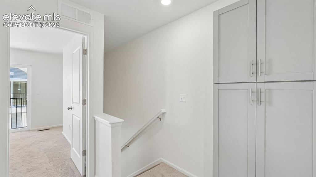 Image 10 of 28: Built-in cabinetry with modern hardware, plush carpeting, and a white paint