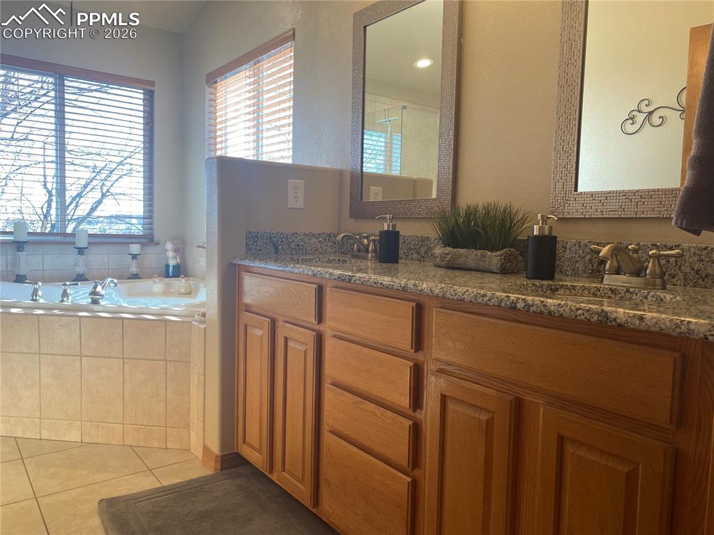 Image 19 of 47: The master bath has been updated with granite counters & new lighting