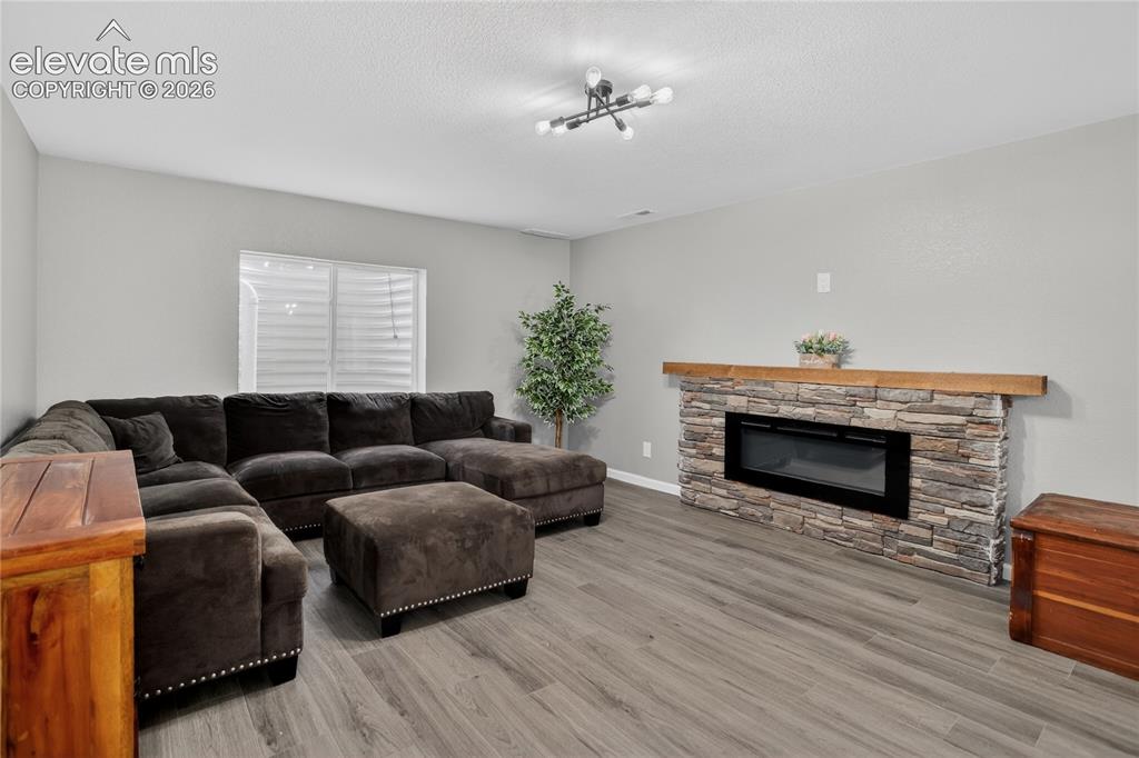 Image 17 of 27: Gas fireplace in family room