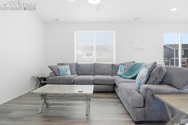 Image 12 of 36: Living room featuring light wood finished floors and ceiling fan