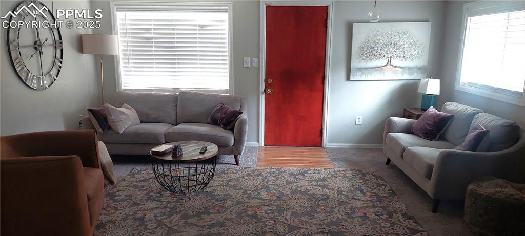 Image 7 of 46: Living area with baseboards and carpet floors
