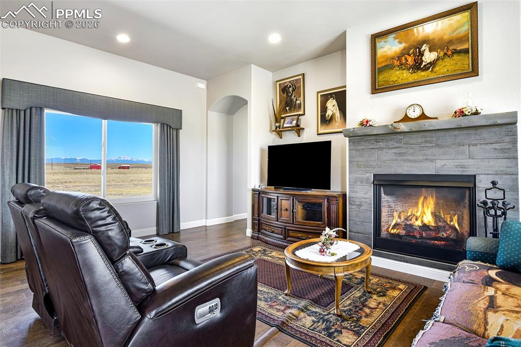 Image 12 of 49: Can Lighting, Large Windows, Gas Fireplace with Tile Surround and Mantel