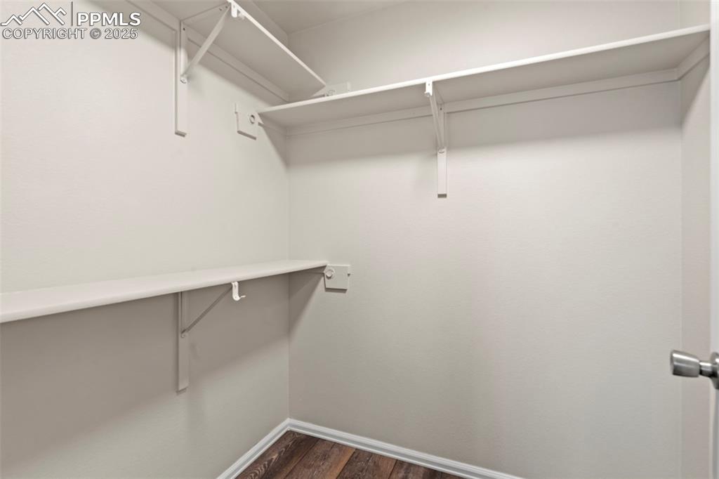 Image 24 of 42: Huge walk-in closet in primary bedroom with upgraded shelving