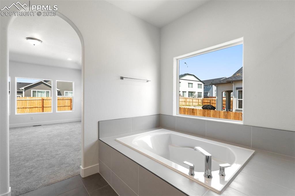 Image 27 of 34: Full bathroom featuring a bath, healthy amount of natural light, and dark t