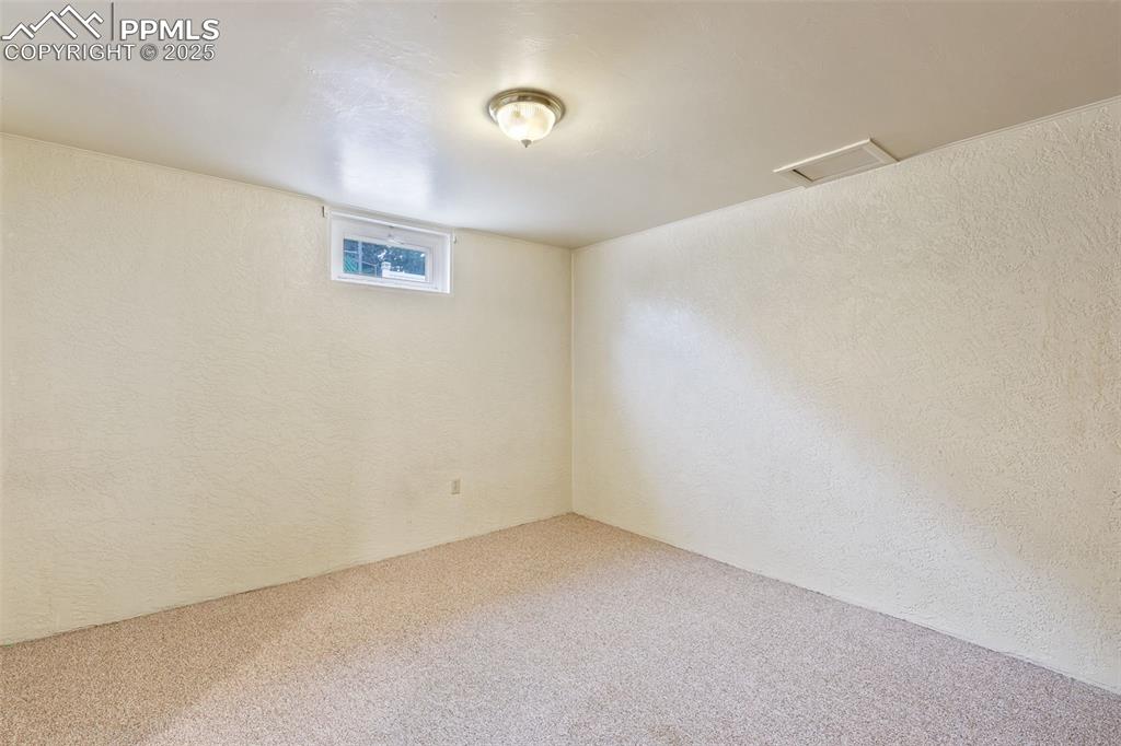 Image 31 of 36: Below grade area with a textured wall and carpet