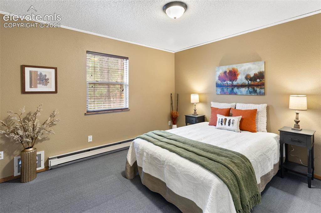 Image 13 of 41: Bedroom with neutral tone walls, white trim, and gray carpet flooring