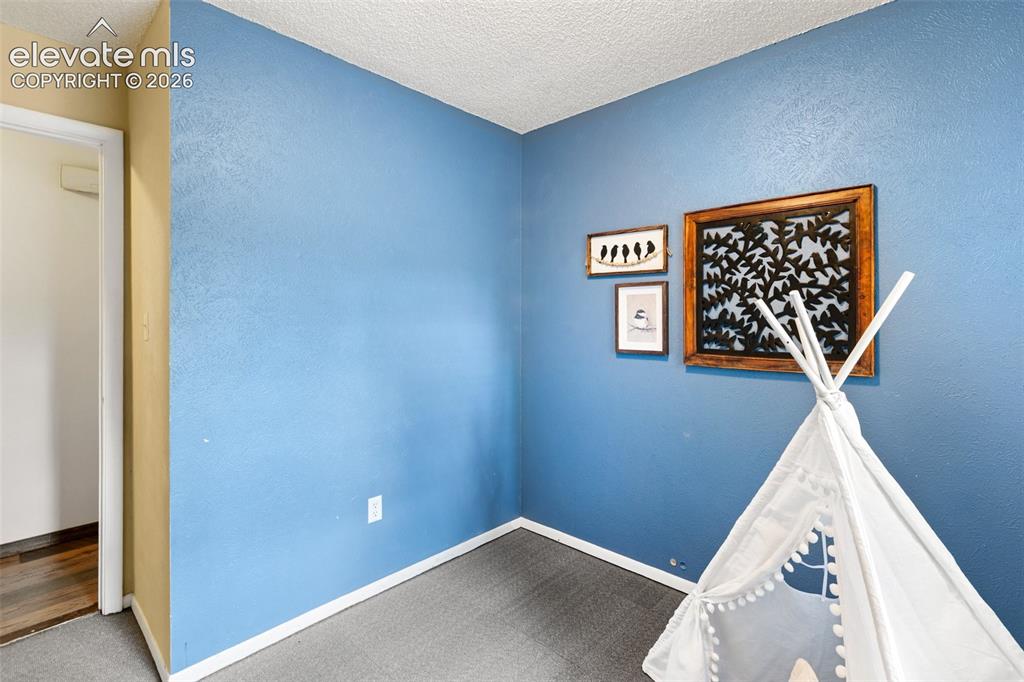 Image 18 of 41: Room featuring blue painted walls, neutral carpet flooring, and white baseb