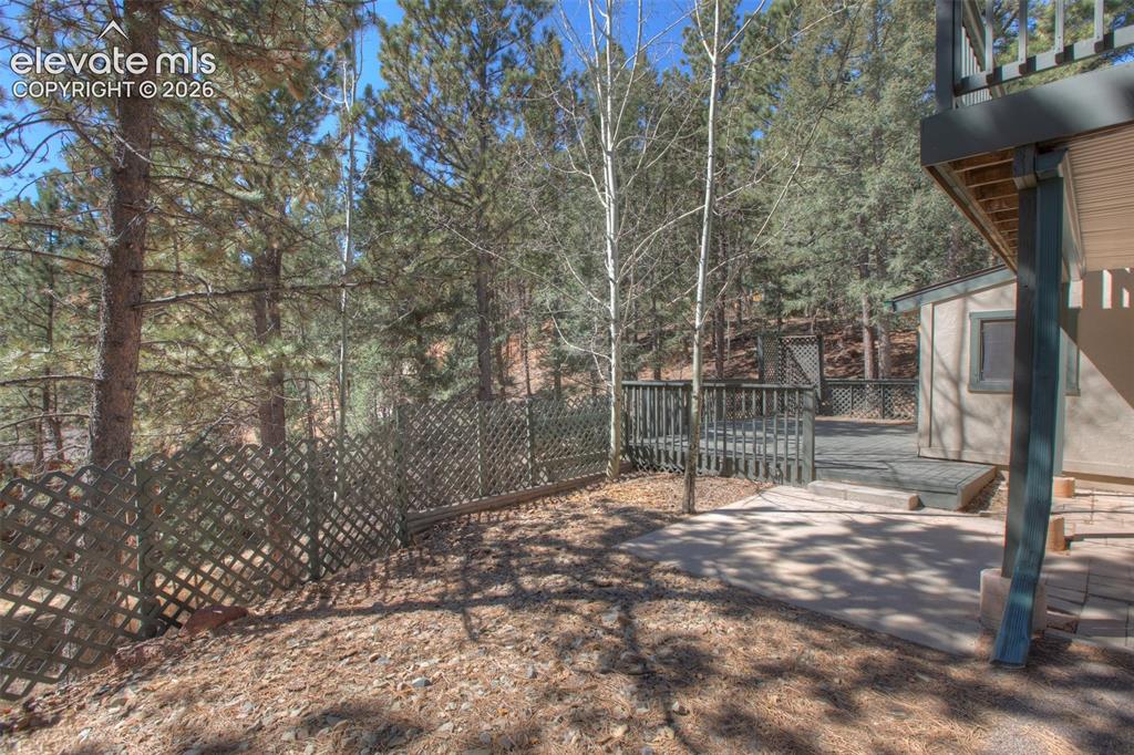 Image 41 of 41: Outdoor patio with concrete and wood-finish decking, surrounded by mature p