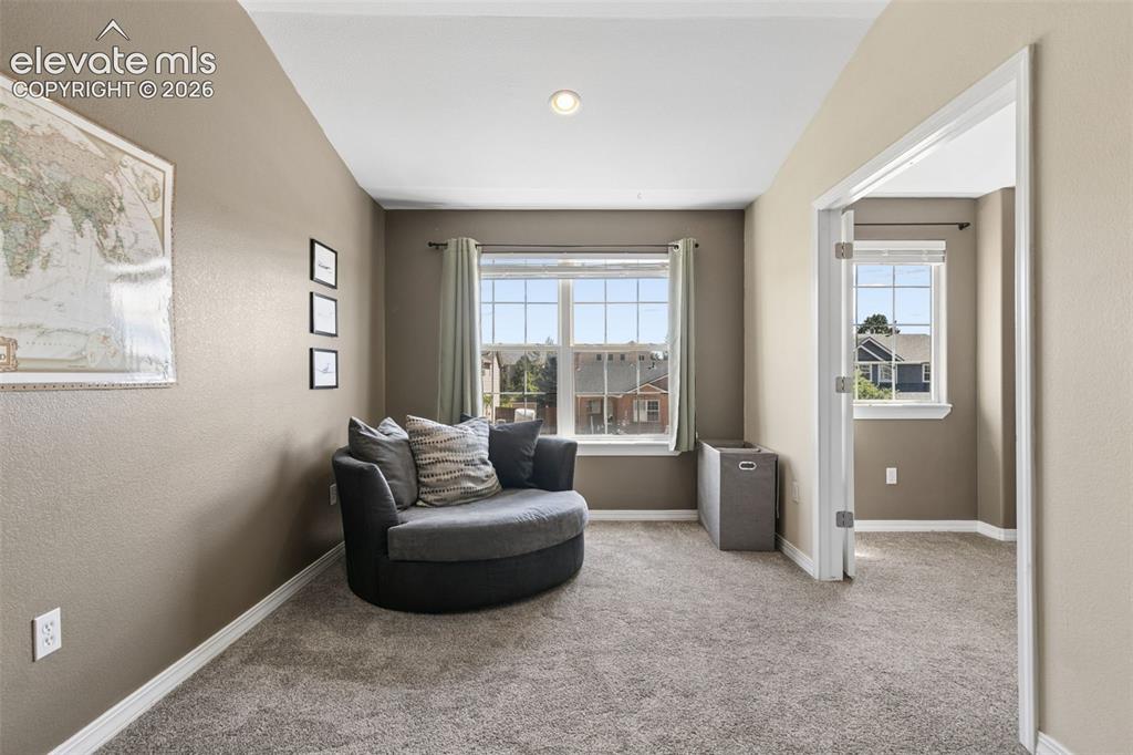 Image 22 of 48: Carpeted room with neutral wall tones and a ceiling-mounted light fixture