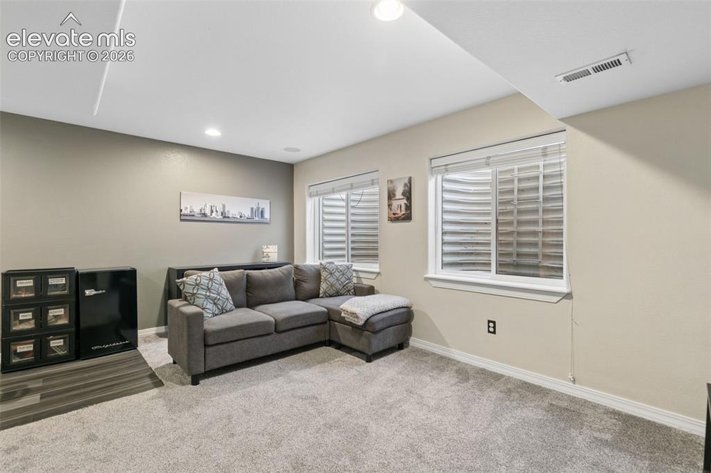 Image 31 of 48: Plush carpet flooring, recessed lighting, and dual windows