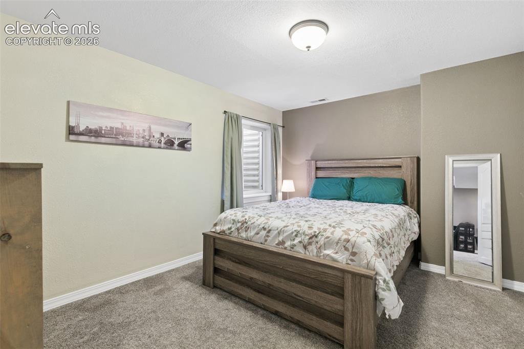 Image 36 of 48: Carpeted flooring, recessed window with blinds, ceiling-mounted light fixtu
