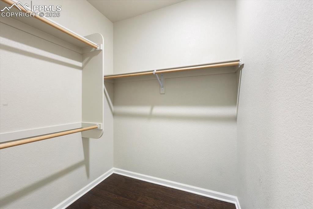 Image 13 of 19: Walk in closet with dark wood finished floors