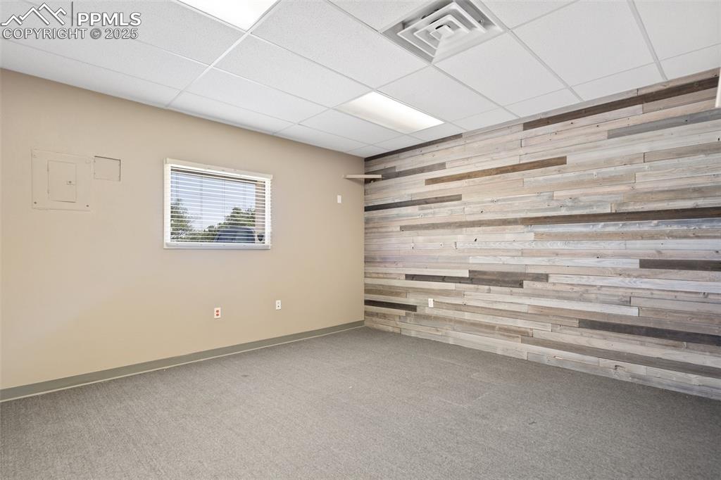 Image 14 of 26: Unfurnished room featuring wood walls, carpet, electric panel, and a panele