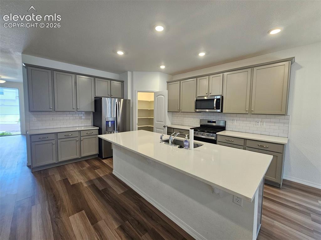 Image 10 of 25: Kitchen featuring wood-finish flooring, gray cabinetry with stainless hardw