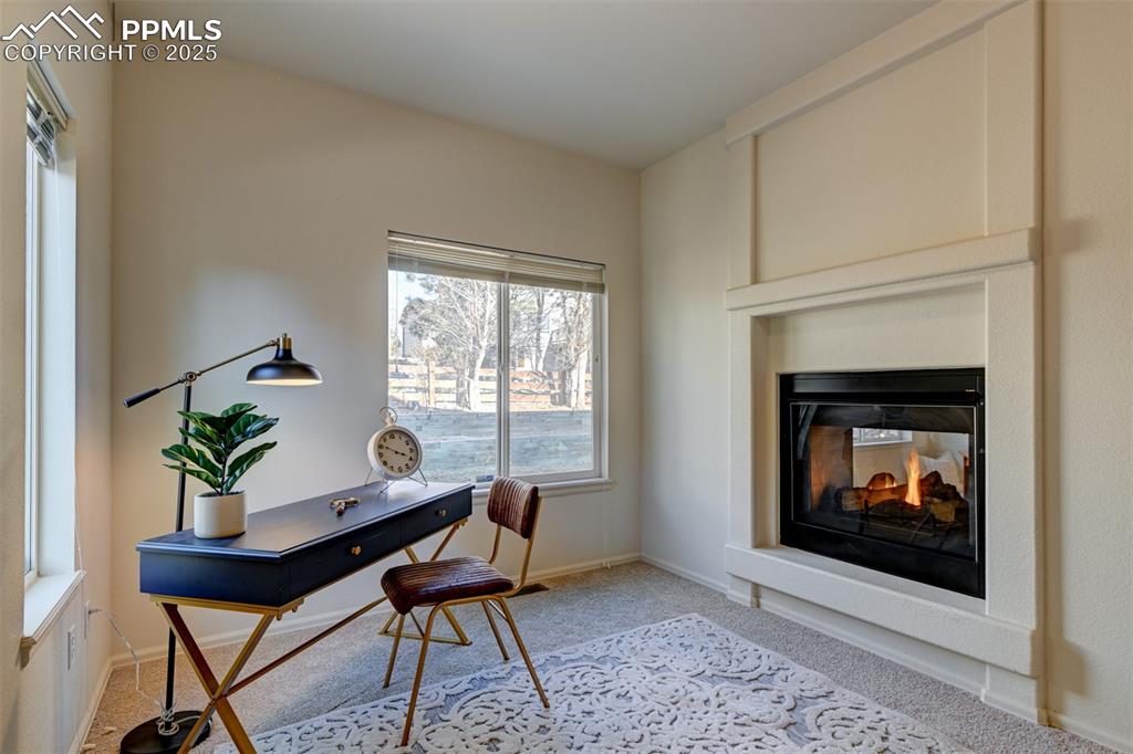 Image 17 of 47: Carpeted home office with a dual sided fireplace