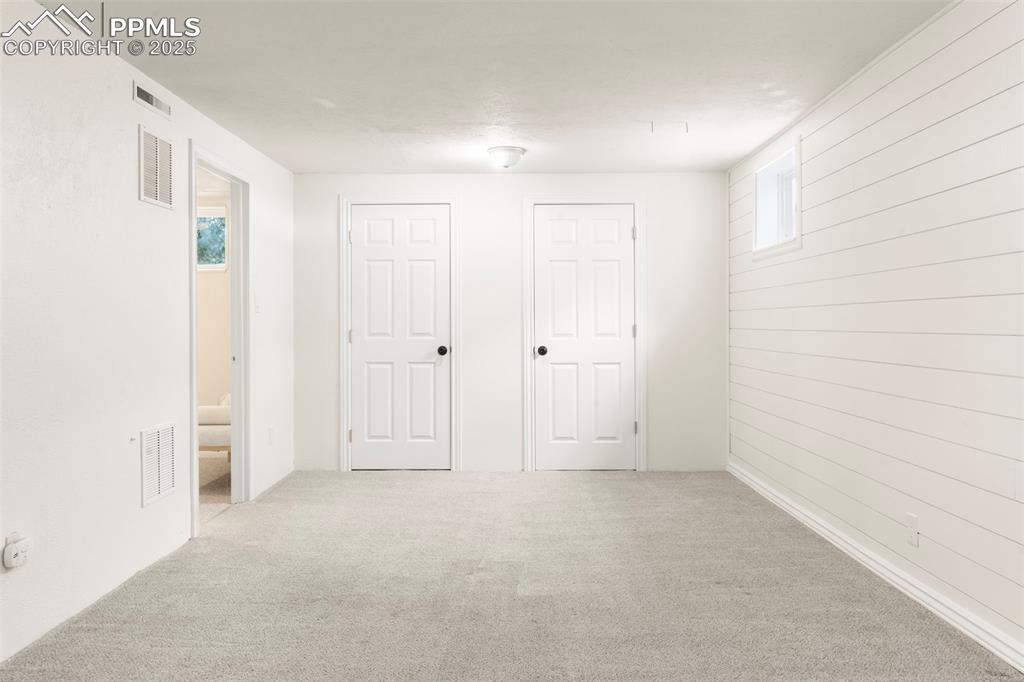 Image 18 of 30: Basement with carpet floors, plenty of natural light, and wood walls