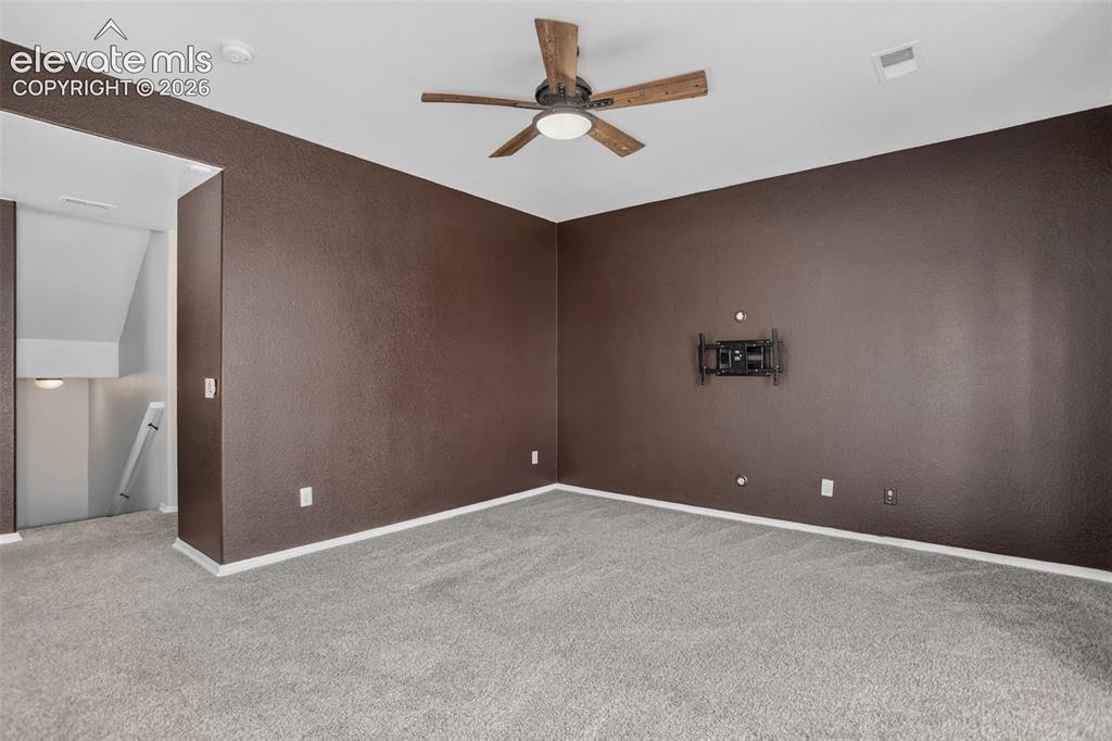 Image 30 of 46: Spacious bedroom with rich chocolate-toned walls, neutral carpeting, ceilin