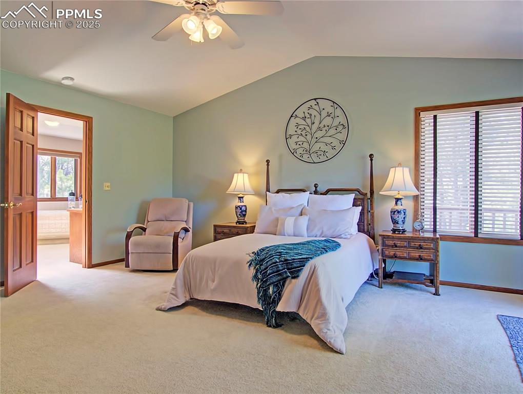 Image 24 of 40: Master bedroom has vaulted ceiling, walkout deck to the right and master ba
