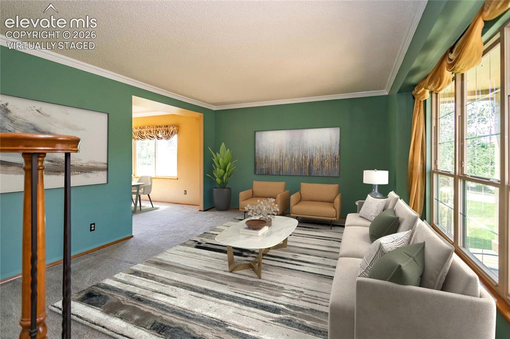 Image 13 of 50: Virtually Staged: Formal Living Room w/North facing Windows and Carpeting a
