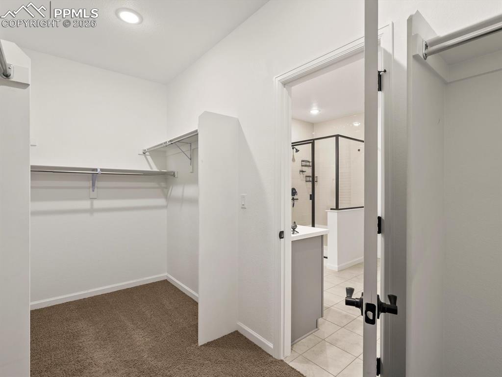 Image 43 of 45: The property features a walk-in closet with carpeted flooring and built-in 