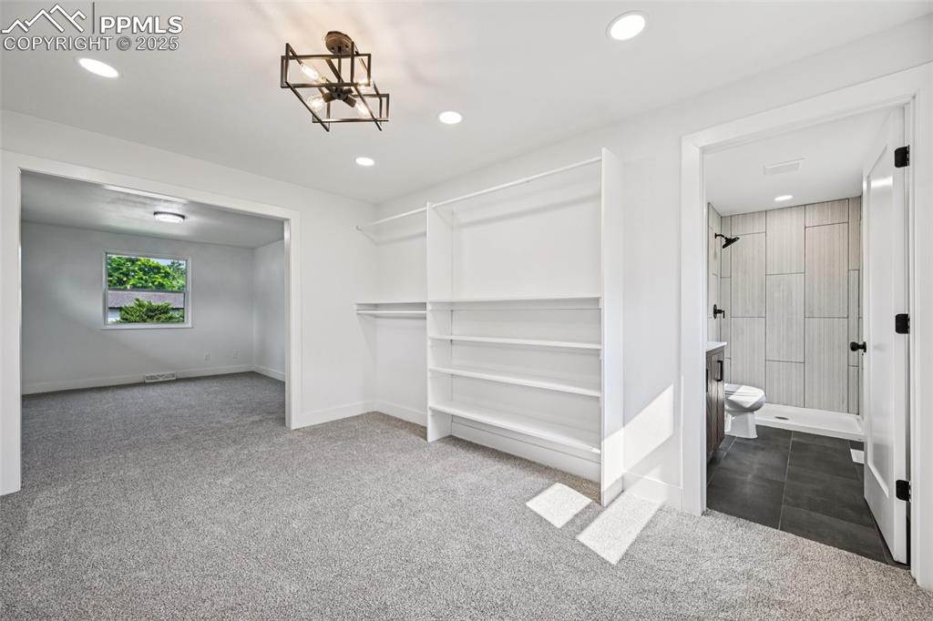 Image 25 of 49: Spacious closet featuring dark colored carpet