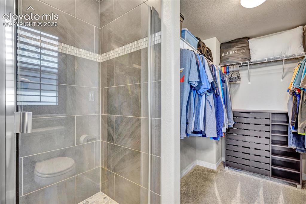 Image 23 of 38: Shower with glass enclosure, large format tile walls, mosaic tile accent