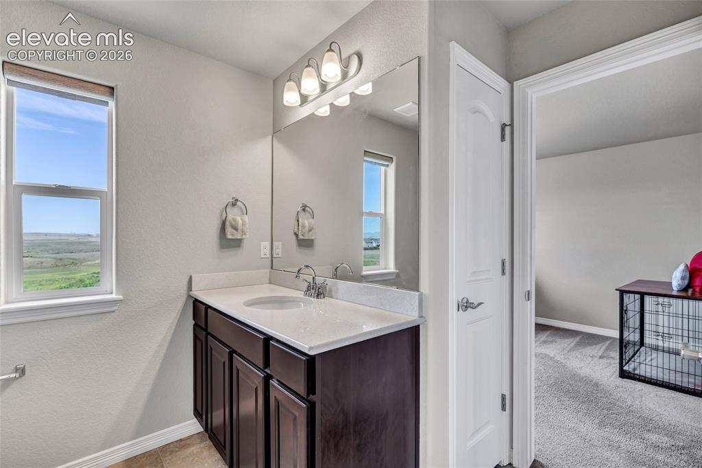 Image 26 of 38: Bathroom featuring a single vanity with a white countertop, dark wood-finis
