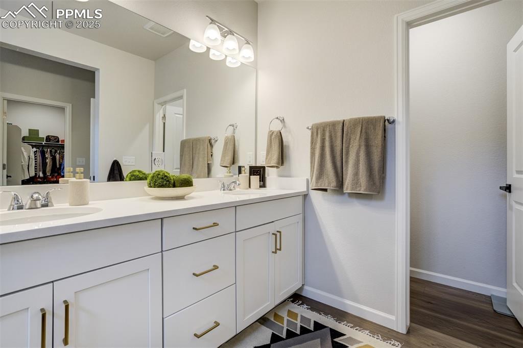 Image 22 of 50: Bathroom with double vanity, a walk in closet, and wood finished floors