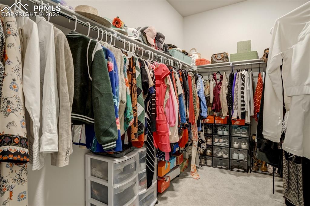 Image 25 of 50: Primary walk-in closet with carpet floors