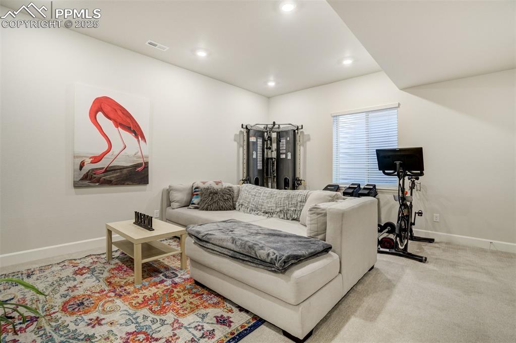 Image 33 of 50: Living area with recessed lighting and light carpet