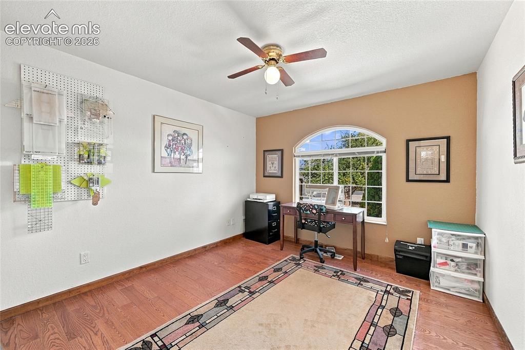 Image 20 of 34: Wood-finish flooring, an arched window, and a ceiling fan with integrated l
