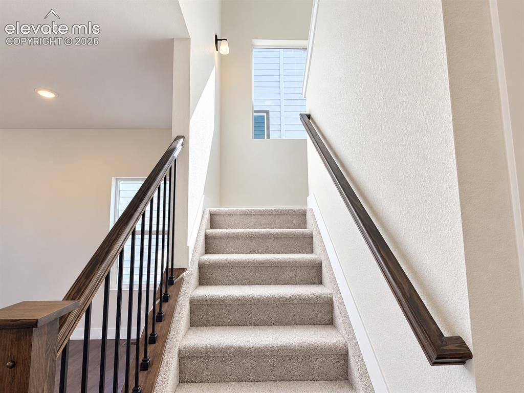 Image 7 of 26: Carpeted stairway with dark wood handrails and black balusters
