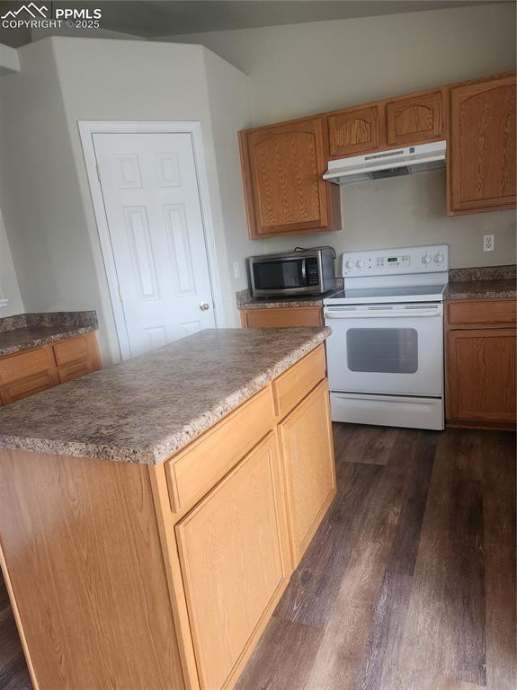 Image 12 of 24: Kitchen featuring range, dark wood-type flooring, extractor fan, a kitchen 