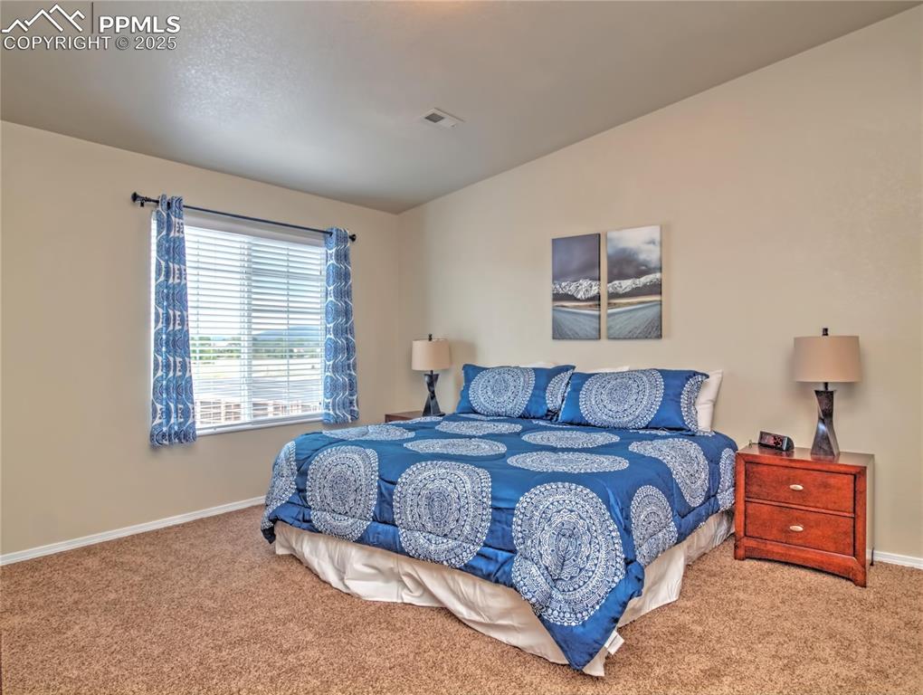 Image 16 of 24: Bedroom with carpet floors and lofted ceiling