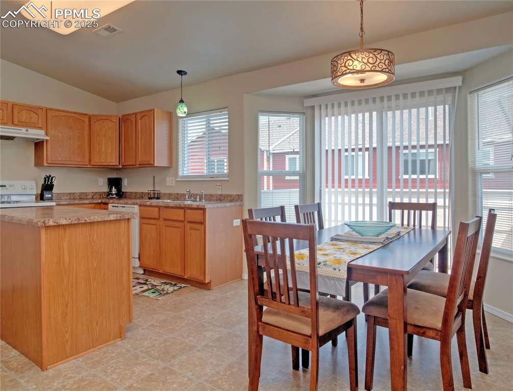 Image 7 of 24: Kitchen with decorative light fixtures, vaulted ceiling, under cabinet rang