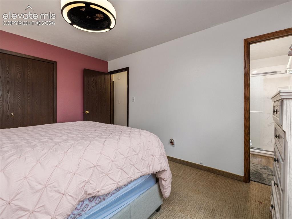 Image 16 of 34: Carpeted flooring, white walls, dark wood-finish doors, and a ceiling-mount