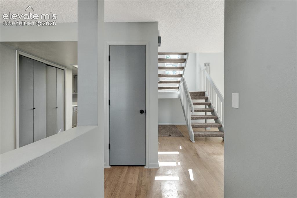 Image 4 of 23: Hardwood-style flooring with a staircase featuring carpeted treads and whit