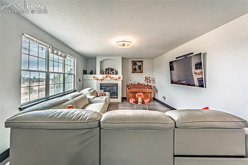 Image 14 of 47: Living area featuring a tile fireplace, a textured ceiling, and wood finish