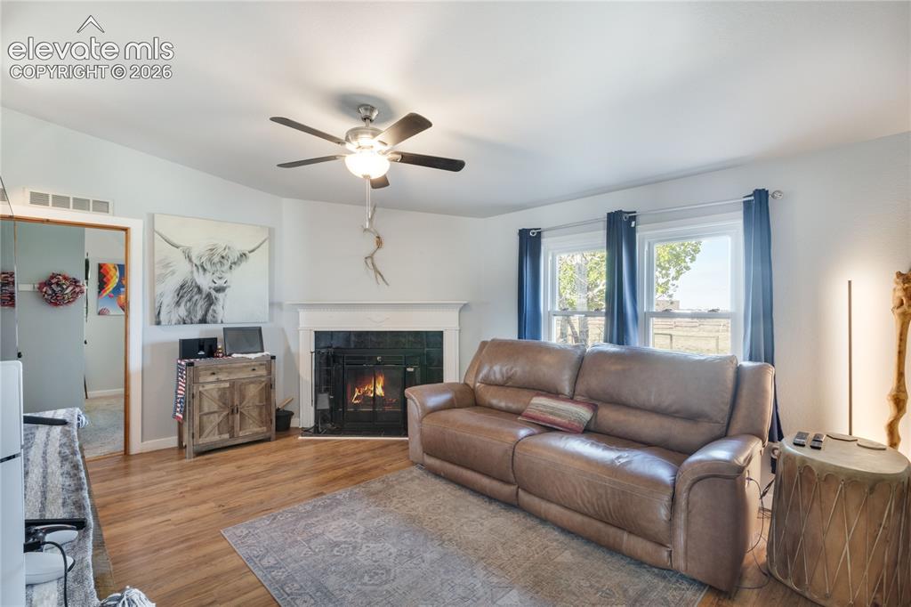 Image 12 of 36: Another view of the Family Room and fireplace, bedrooms in the background.