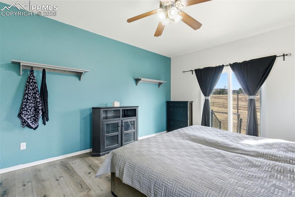 Image 37 of 47: Master bedroom featuring plank finished floors and ceiling fan and walk out