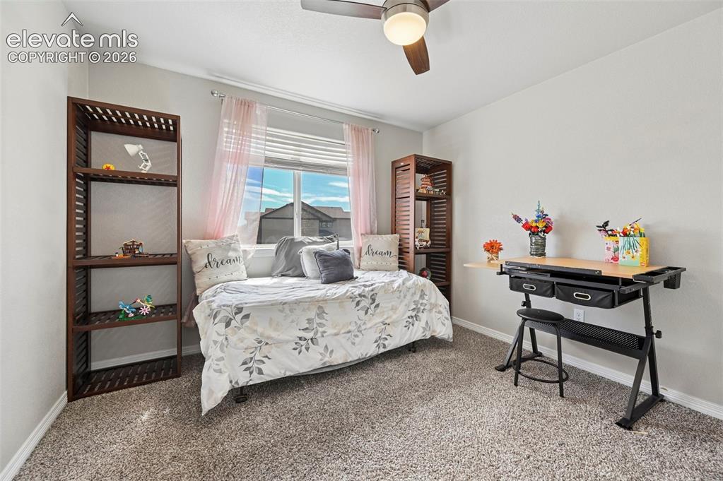 Image 16 of 29: Recessed window with blinds, ceiling fan with light fixture, and plush carp