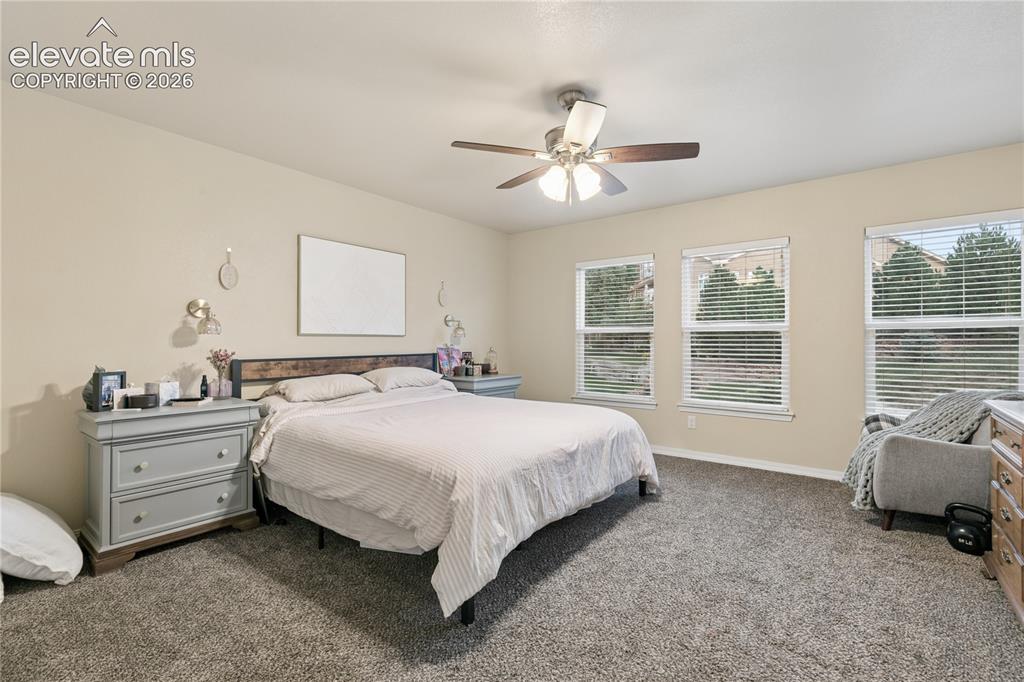 Image 12 of 28: Spacious bedroom with neutral wall tones and plush gray carpeting